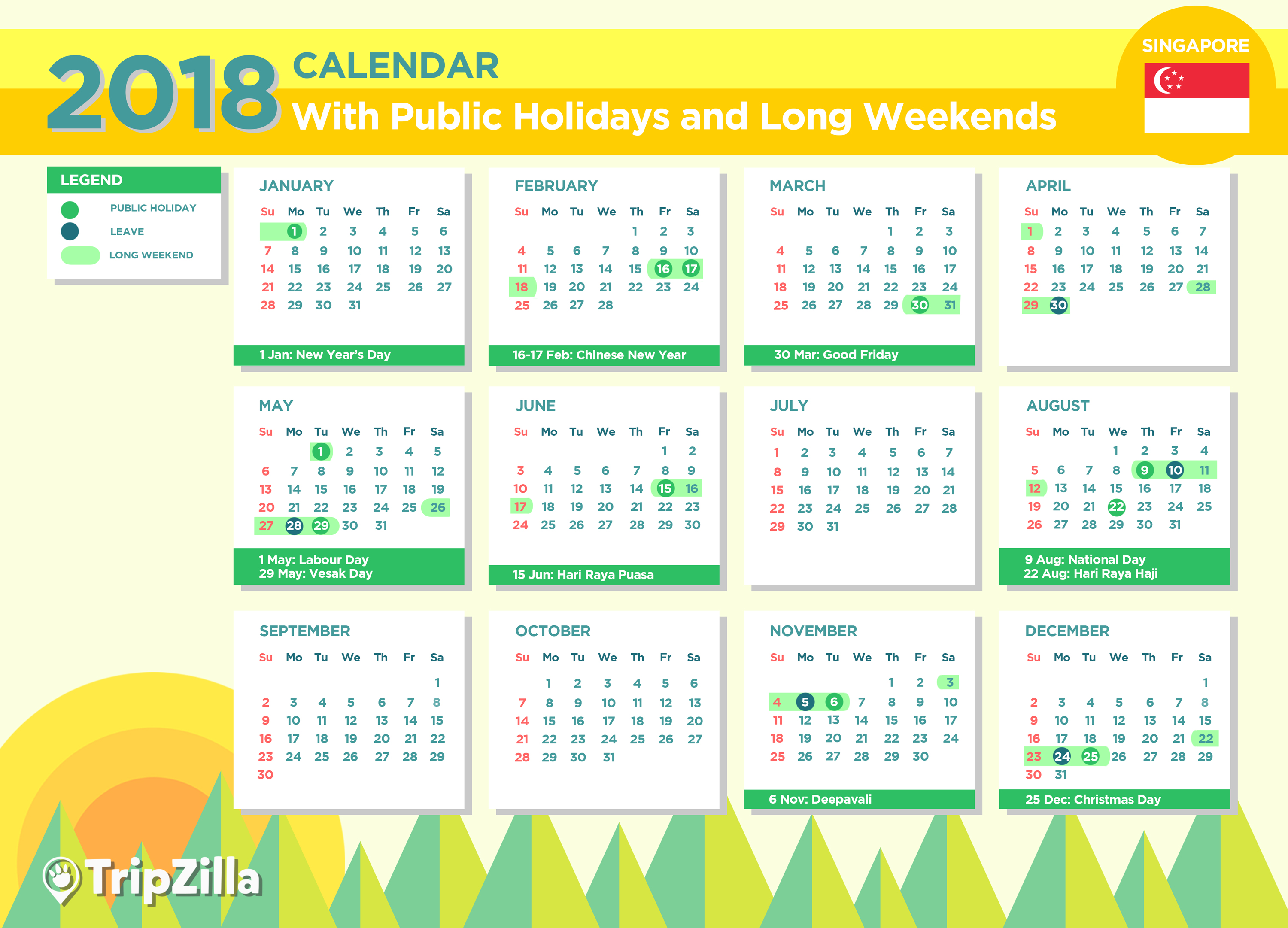 Singapore 2018 Public Holidays and Long Weekends Calendar